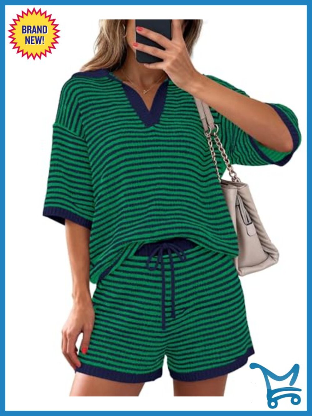 Women's 2 Piece Lounge Set V Neck Striped Top Drawstring Shorts Knit
